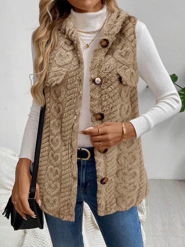 SHEIN LUNE Chaleco con capucha sin mangas con botones delanteros, textura sólida y flecos esponjosos para mujer en otoño/invierno