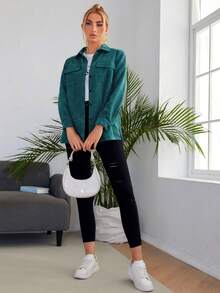 SHEIN LUNE Pocket Front Cord Shirt,Long Sleeve Tops,Casual - Teal Blue - View 4