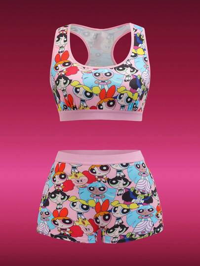 THE POWERPUFF GIRLS X SHEIN Set di reggiseno e slip comodi e carini con motivi a fiori, bolle e Buttercup per donne
