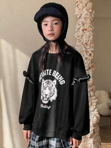 DAZY Tween Girls' Round Neck Printed Long Sleeve Knit Sweatshirt, Fall - Black - View 4