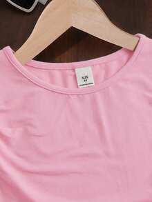 SHEIN 年轻女孩时尚修身休闲圆领荷叶边喇叭袖长袖T恤，适合秋冬季日常穿着、居家、聚会，也可与姐妹装搭配。 - 淺粉色 - 查看 6