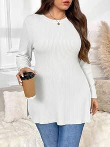 SHEIN Frenchy Maglietta casual a maniche lunghe con scollo tondo, costine e spacchi laterali, taglia comoda, colore unito, per donne in taglie forti - Bianco - Visualizzare 2