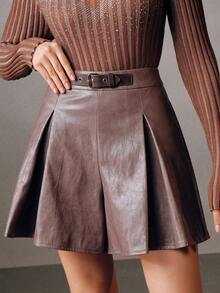 Anewsta Women's Retro Flared A-Line PU Leather Shorts, Flattering Fit, Light Purple - Dusty Purple - View 5