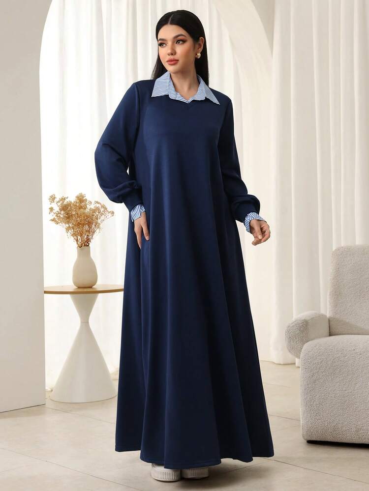 SHEIN Najma 女士条纹衬衫领长袖喇叭下摆连衣裙 - 藏蓝色 - 查看 7