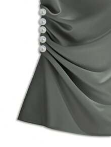 Franclia 女士优雅褶皱珍珠纽扣短袖荷叶领修身衬衫 - 霧霾藍 - 查看 5