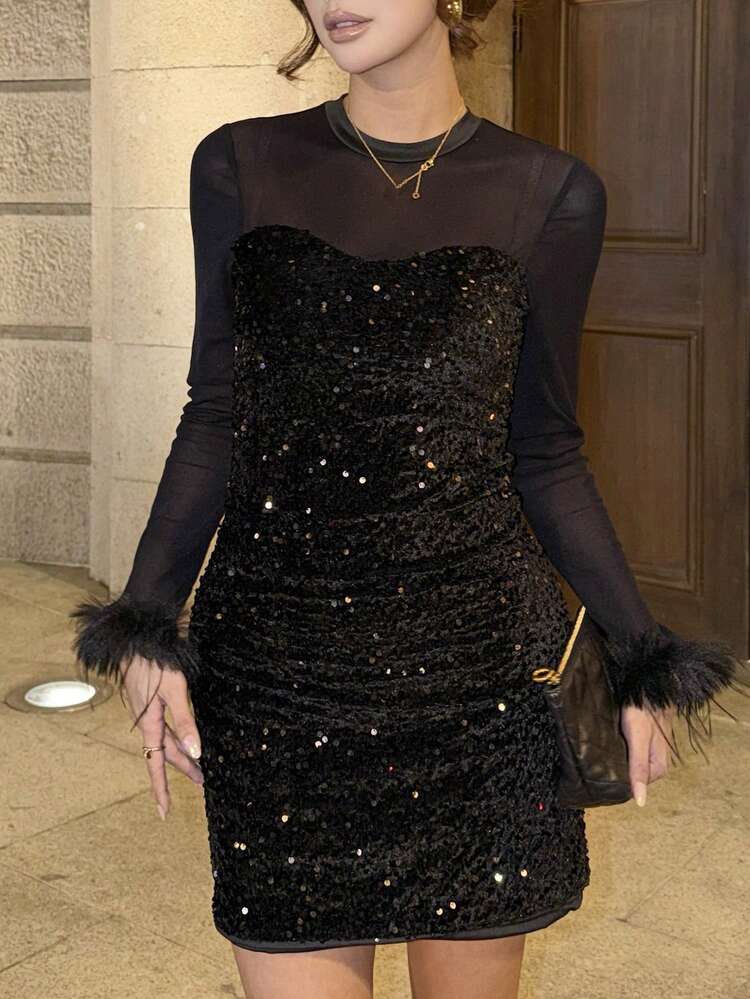 Women's Round Neck Long Sleeve Sequin Patchwork Elegant Mini Dress Sexy Dress New Years Women Outfit Carnival Sparkly Dress