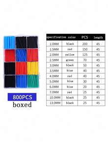 127/140/164/280/328/530/560/800件装 黑红双色2:1热缩管套装，适用于各种管道、电缆网、线缆管理和绝缘保护 - 彩色 - 查看 12