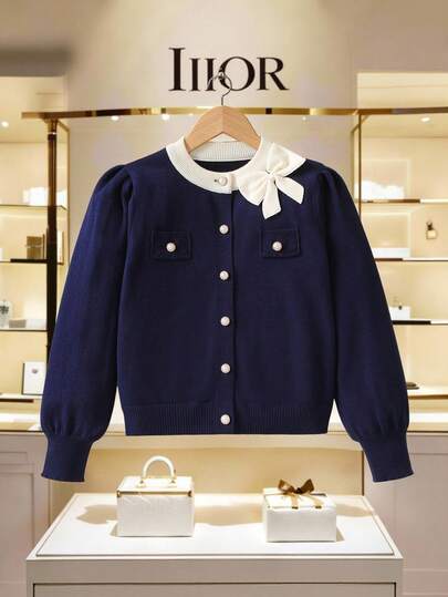 Tween 女童甜美开衫 2025 秋冬新款，海军蓝针织开衫，搭配厚重 3D 手工大蝴蝶结，宽松百搭优雅长袖毛衣外套，柔软可爱时尚的小女孩外套，易于搭配连衣裙/牛仔裤，适合日常穿着、外出和旅行