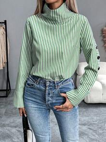 EMERY ROSE Camisa azul de manga larga, cuello vuelto, de un solo pecho, de estilo casual a rayas - Verde - Ver 6