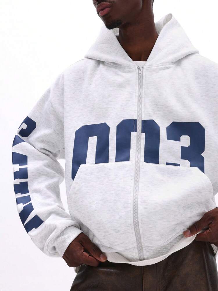 SUMWON Men's Oversized Zip Up Hoodie With Bold Letter Print And Sleeve Graphics - Grey - View 5