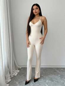 SHEIN SXY Women's Spring/Summer New Elastic Knit V-Neck Spaghetti Strap Backless Crisscross Hem Slit Jumpsuit