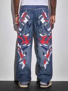 ROMWE MEN Street Life Jeans casuales rectos y holgados con estampado geométrico en el bolsillo para hombres - Azul - Ver 3