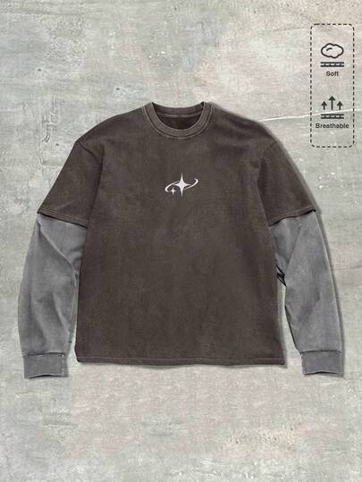 ROMWE MEN Street Life Camiseta de manga larga casual y holgada con cuello redondo y estampado de estrellas para hombre