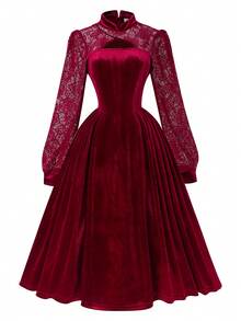 فستان أنيق وأنيق للبنات والمراهقات. تصميم بتقنية الكشكشة والتنجيد الحريري، طوق صيني عالي، أكمام طويلة، مناسب للحفلات والمناسبات والأعياد. مناسب للموسم الخريفي والشتوي - عنابي اللون - مشاهدة 8