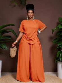 Veslaya 2件套/组 2025春夏新款休闲度假纯色褶皱面料尖下摆短袖上衣和松紧腰阔腿裤，大码女装 - 橘色 - 查看 7