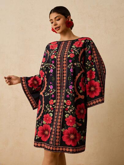 Travachic Plus Size Women's Fuchsia Tropical Floral Print Maxi Dress, Mid-Length Sleeve Dress, Autumn Dress, Plus Size Scoop Neck Short Dress, Backless Tie Dress, Coverup Dress,Winter Dresses For Women Vacation Outfits Women Tropical Vacation Outfits Beach Fashion Plus Size Resort Wear Bohemian Bohostyle Boho Fits  Christmas Party Dress Clothes For New Year   Floral Dress Black And Red Dress