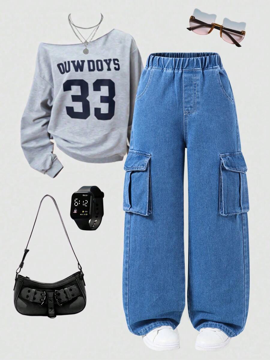 SHEIN Quần yếm jeans cho bé gái tuổi teen, phong cách Y2K, chất liệu denim thoải mái, màu xanh nhạt cổ điển, hàng mới về, phù hợp cho mọi mùa, ống quần thẳng, đa năng, đơn giản và dễ phối đồ, thoải mái khi mặc. - Rửa nhẹ - Xem 1