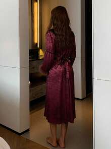 DAZY Women's Long Plush Robe With Plush Cuff Trim, Autumn/Winter Christmas - Burgundy - View 2