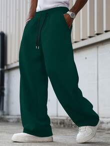 Manfinity Hypemode 男士休闲纯色抽绳腰带运动裤 - 墨綠色 - 查看 5