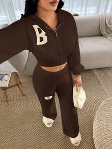 SHEIN SXY Women Brown Casual Hooded Drop Shoulder Long Sleeve Knitwear Zipper Cardigan With Letter Pattern - Brown - View 1