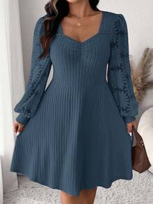 SHEIN Frenchy Váy dài tay cổ tim màu trơn cỡ lớn có gân - Màu xanh lá cây đậm - Xem 2