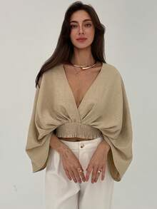 Aloruh 女士休闲深V领宽松纯色百搭衬衫 - 卡其色 - 查看 8