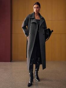 MOTF PREMIUM 羊毛双排扣束带大衣 - 深灰色 - 查看 7