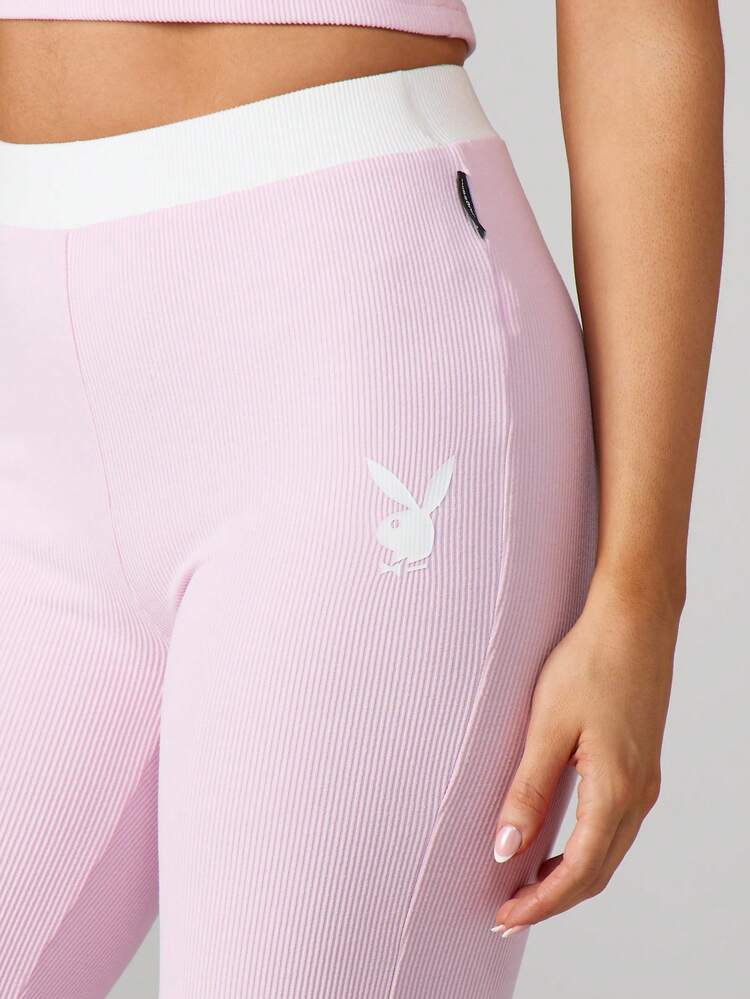 Missguided x Playboy Pink Ribbed Off Shoulder Crop Top And Leggings Co Ord Set For Casual Wear