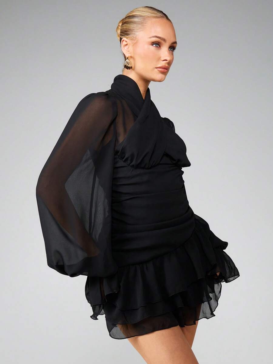 MISSGUIDED Halter Neck Long Sleeve Mini Dress With Tiered Ruffle Details And Sheer Chiffon Fabric For Party Evening Occasions - Black - View 1