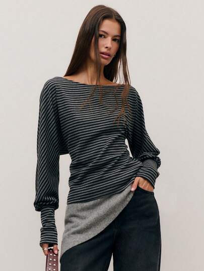 Nöista Off-Shoulder Casual Top With Gray-And-Black Pinstripes And Puff Sleeves; Minimalist Comfort For Everyday Wear That Pairs With Jeans For Crisp Fall Days, Provides Warmth For Winter Layering, And Can Be Styled For Relaxed Halloween, Christmas, Or New Year Moments.