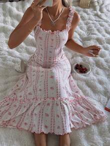 CottageSlumber قميص نوم نسائي بحمالات مطوية مزخرف بالزهور - أبيض - مشاهدة 5