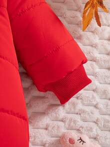SHEIN 1 bộ quần áo liền thân có mũ trùm đầu phía trước, khóa kéo, họa tiết tai gấu thêu, bo gấu và gấu áo, trang phục thường ngày ấm áp cho bé gái mùa đông 2020 - Đỏ - Xem 6