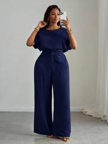 Slaydiva Women Plus Size 2 Pieces Set Navy Blue Summer Casual Work Elegant Drawstring Hem Cropped Top And Wide Leg Pocket Pants,Commute Party Club Outdoor - Navy Blue - View 7