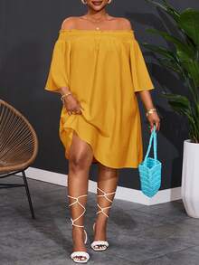 Slaydiva Plus Size Women's Off Shoulder Elegant Commute & Vacation A-Line Dress