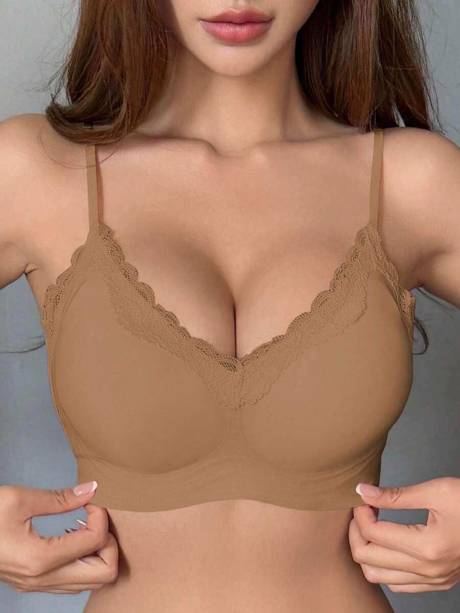 DAZY Lace Patchwork Seamless Slight Push Up Adjustable Strap Women Bra - Camel - View 1