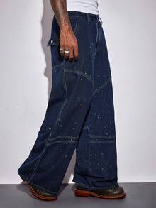 Men's Pocket Flared Casual Personalized Washed Distressed Jeans - Dark Wash - View 4