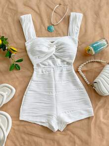 Soleia WYWH 女士度假针织条纹扭结前襟心形领露背连体裤 - 白色 - 查看 4