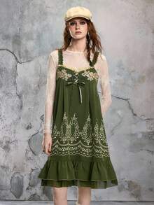 ROMWE Avant Vestido Midi Casual Feminino Sem Mangas com Decoração de Aplique e Design de Amarração - Verde - Visão 6
