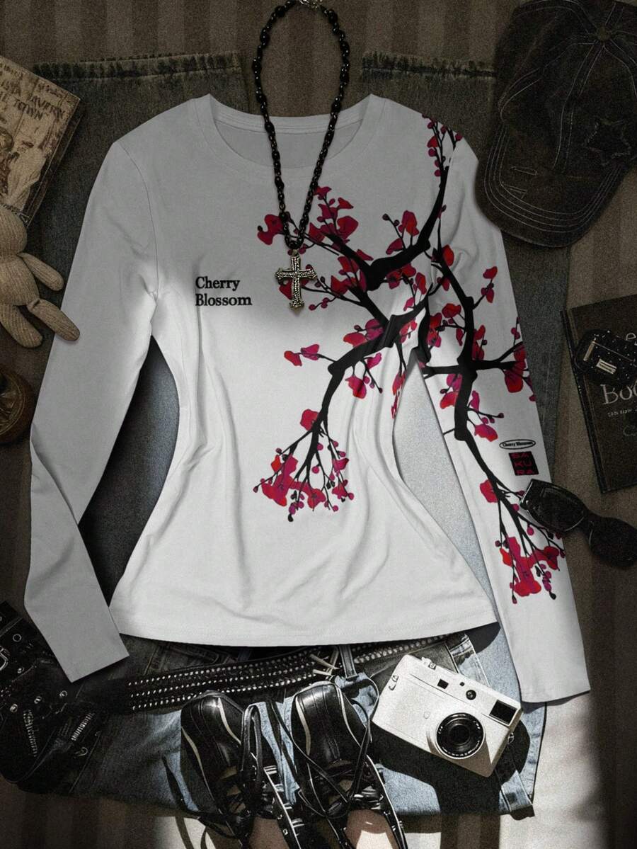 Glimmora 樱花印花长袖T恤 女式上衣 - 彩色 - 查看 1