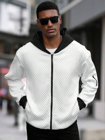 Manfinity CasualCool 1pc Men's Loose Fit Long Sleeve Hoodie Sweatshirt, Black & White Color Block Design, Textured Diamond Pattern, Zipper Closure, Versatile Casual Wear For Autumn/Winter, Oversized Streetwear Style, Suitable For Husband/Boyfriend Gift, Unisex Couple Matching Men Street Wear Zip Up Designer Zip Up Hoodies Men Men Hoodies Casual Men Dressy Zip Up Sweatshirts And Hoodies Men Summer Jacket