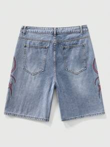 ROMWE MEN Street Life Spring/Summer Casual Graphic Men'S Rhinestone Flame Pattern Pocket Casual Denim Shorts - Blue - View 2