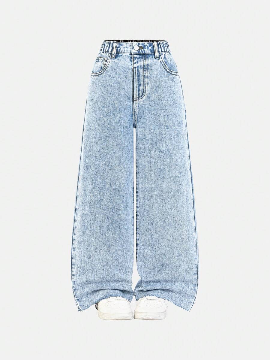 Jeans anchos y sueltos con bolsillos y dobladillo deshilachado para niñas preadolescentes, aptos para uso diario - Lavado ligero - Ver 1