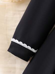 SHEIN Elladie kids Young Girl Cute White Lace Trim Long Sleeve Comfortable Black Autumn/Winter Dress - Black - View 4