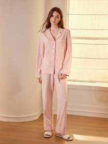 MOTF PREMIUM ELEGANT FLORAL BUTTERFLY EMBROIDERY TOP & PANTS PAJAMA SET - Pink - View 7