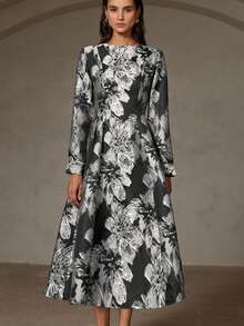 Revavyn Đầm xòe Jacquard cổ tròn tay dài phong cách cổ điển thanh lịch - Xám - Xem 7