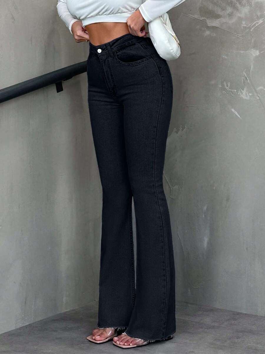 SHEIN Tall Casual Washed High Waist Slim Fit Flare Jeans - Dark Grey - View 1