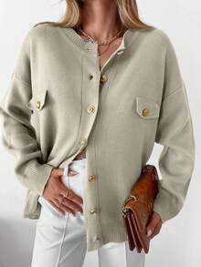 EURMUSE Women's Solid Button Front Long Sleeve Pocket Minimalist Blouse, Casual Daily Wear - Beige - View 4