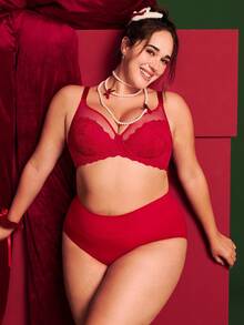 LUVLETTE 圣诞节和新年女士内衣休闲曲线透明全包覆支撑透气钢圈性感无衬垫显瘦蕾丝优雅网纱红色文胸新娘内衣