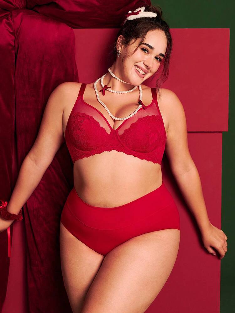 Plus Full Coverage Unlined Mesh & Lace Bra