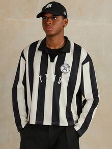 STYNVO 男士休闲拼色条纹长袖 Polo 衫，秋季 - 杏色 - 查看 3